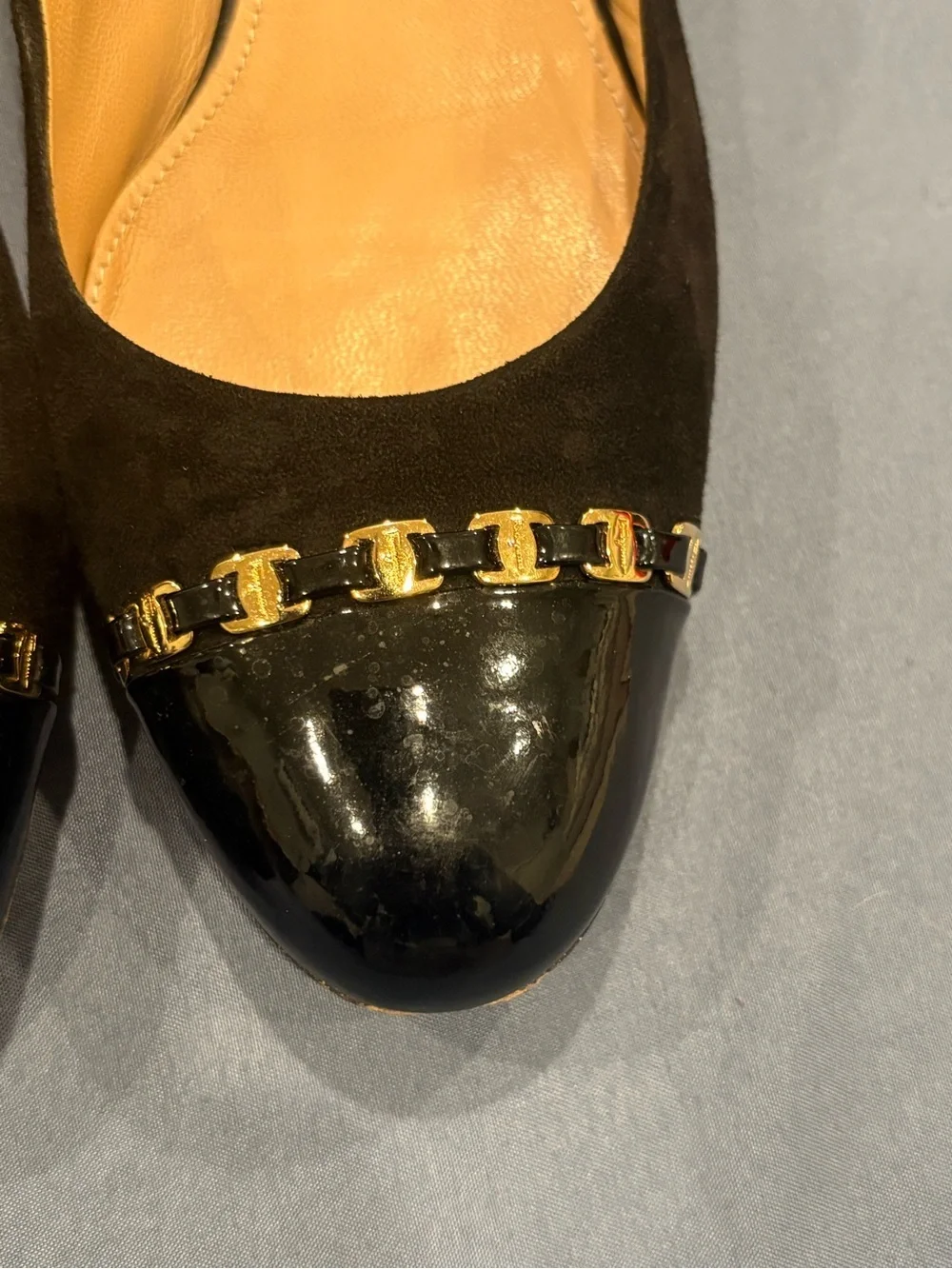Salvatore Ferragamo Black Suede and Patent Pumps